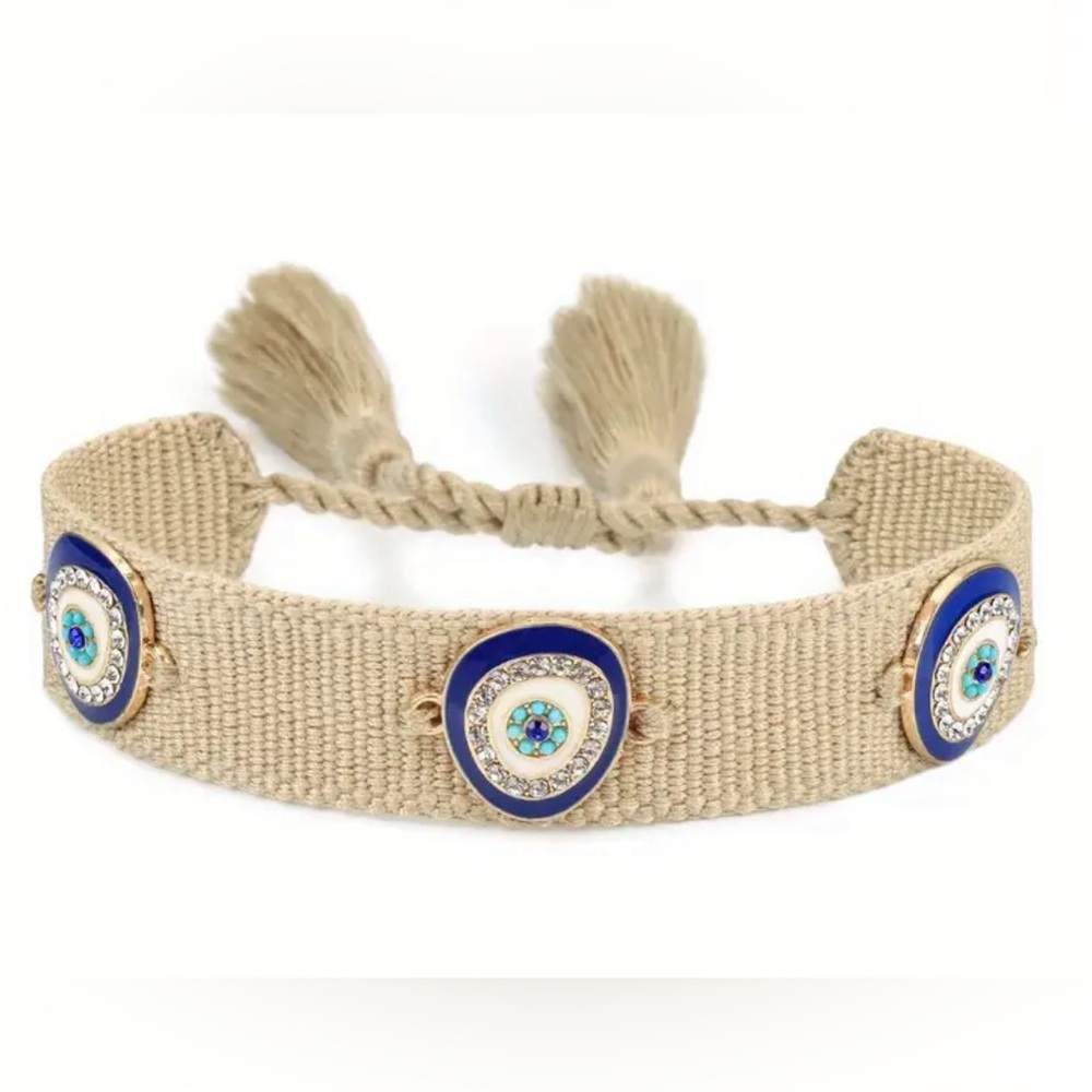Woven Friendship EvilEye Fabric Adjustable Braided Bracelet Rhinestone & Enamel